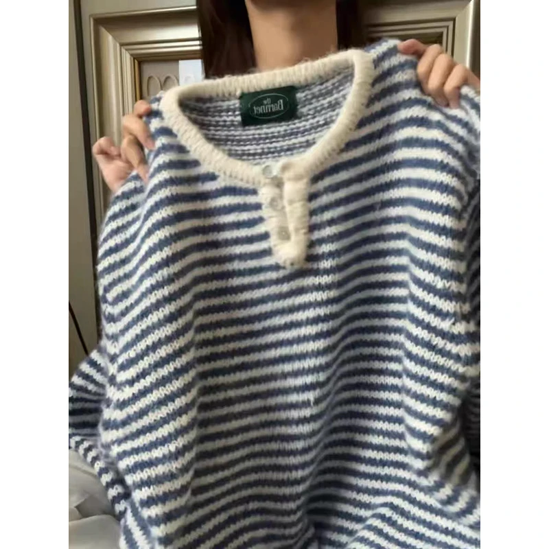 

YIBASHU Winter Women's Blue O-Neck Sweater Korean Long Sleeve Striped Vintage Y2K 2000s Jumper Thick Knitwear Oversize Pullovers