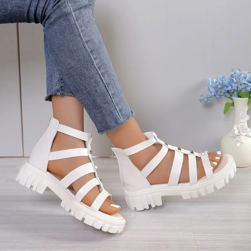 

Casual white children's Roman sandals Rear zippers for girls' high top sandals summer new kids short boots hollow out breathable