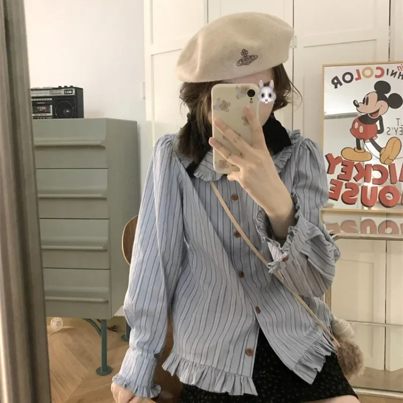 QWEEK Striped Preppy Korean Style Shirts Japanese Youthful Woman Blouses Chic Vintage Sweet Harajuku Casual Autumn Clothing