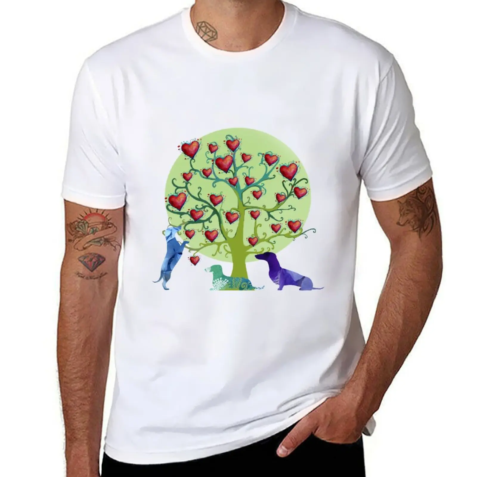 

Dachshund Hearts Tree Dog Lovers Art T-Shirt anime tshirt cotton tshirt 100% T-shirt