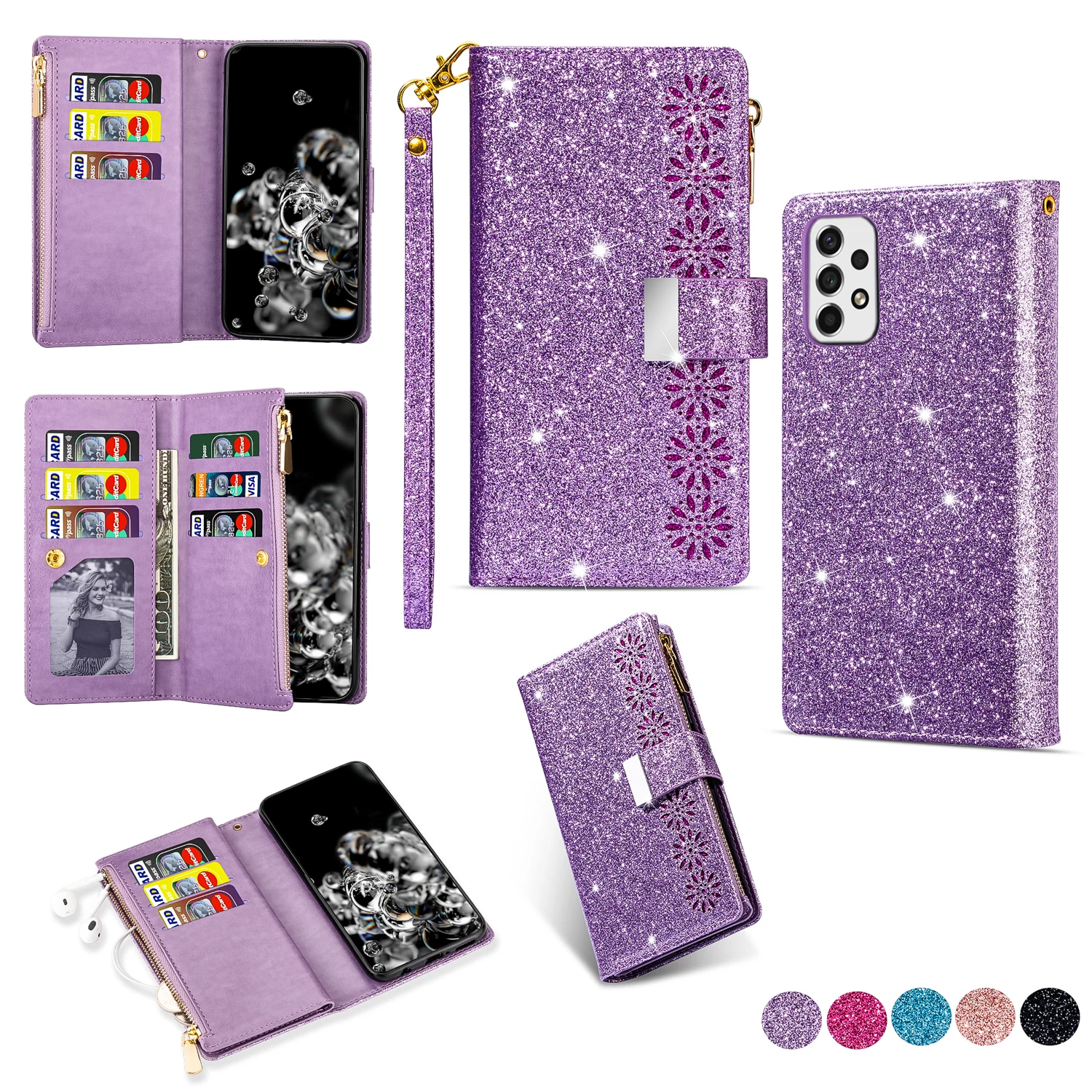 Multi Card Slots Flip Bling Zipper Case For iPhone 14 13 12 11 Pro Max XS Max XR 8 7 6S 6 Plus Glitter Folio Wallet Phone Cover