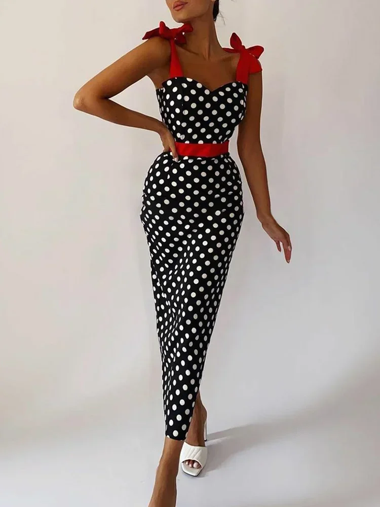 

Polka Dot Knot Shoulder Bodycon Dress Women Sleeveless Sweetheart Neck Maxi Dress