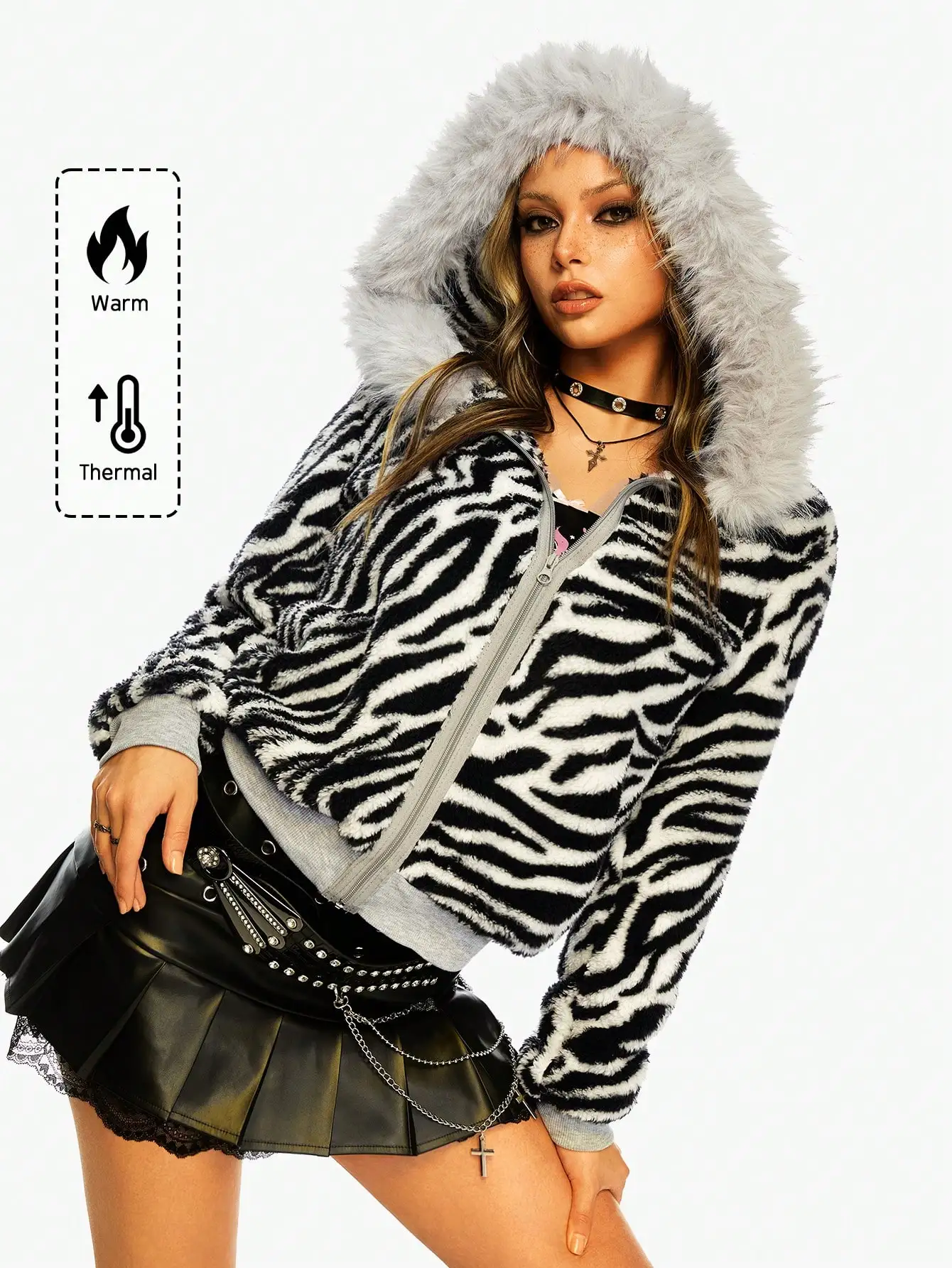 

Y2K Zebra Print Fuzzy Hooded Jacket for Women - Warm Thermal Cozy Streetwear