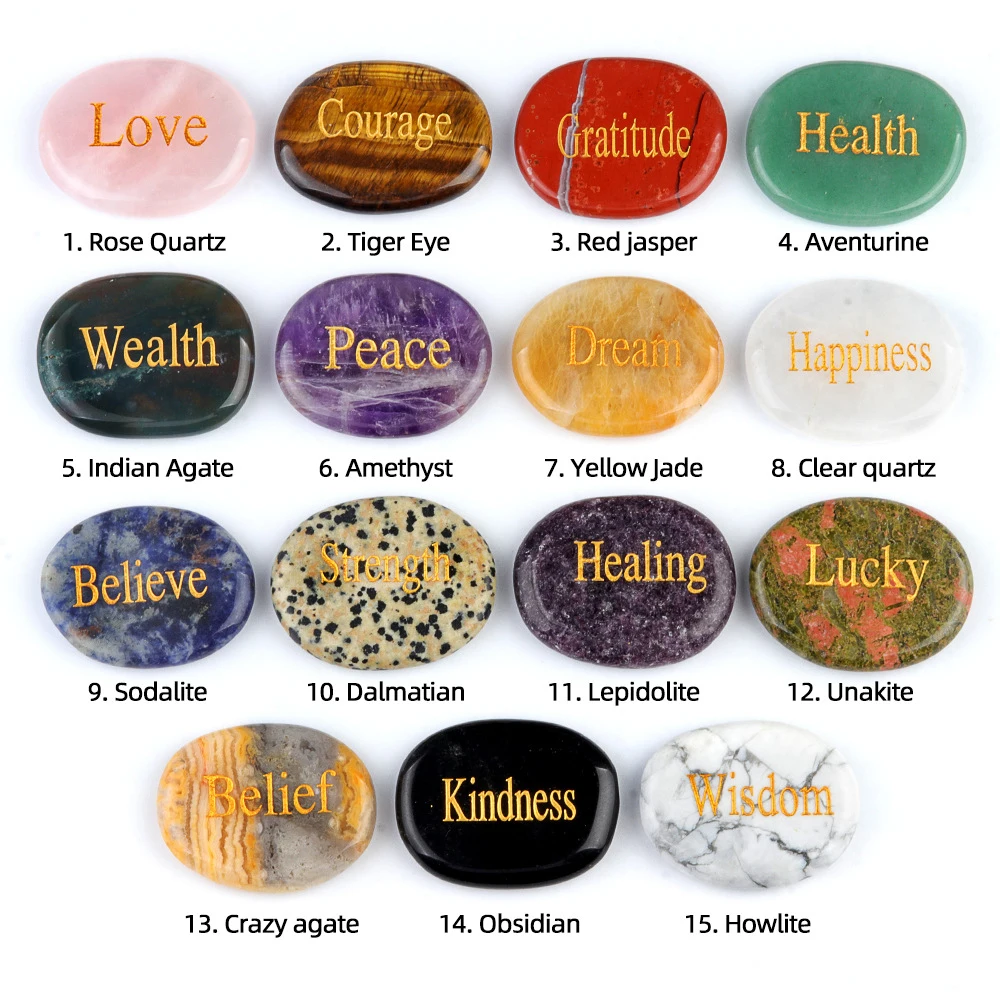 Natural Stone Crystal Engraved Inspirational Stones Beads Ornament Rose Quartz Oval Shaped Power Stone Reiki Jewelry Decorative