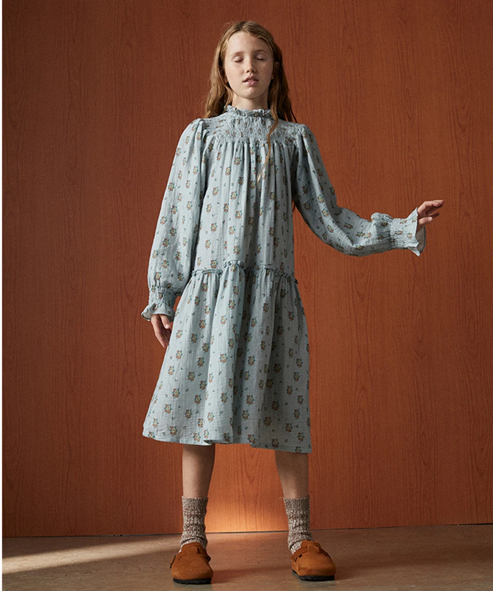 24TNS Brand With The New Children's Dress Treasure Blue Floral Cotton Gauze Spell Lace Long-Sleeved Dress Ruffle Bubble Sleeve