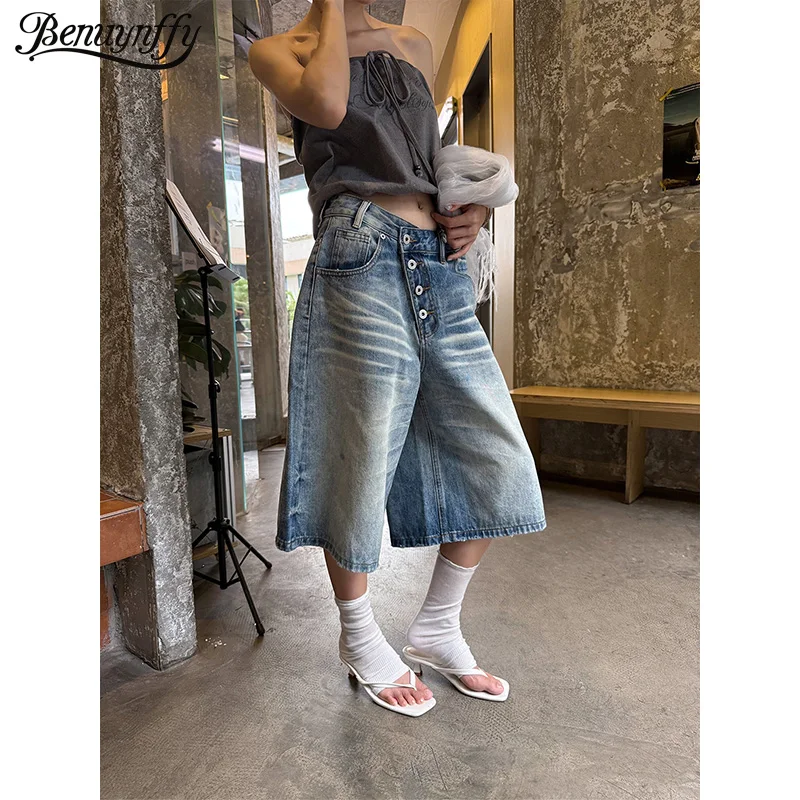 Benuynffy American washed vintage diagonal button cropped jeans for women's summer y2k streetwear wide leg loose capri pants