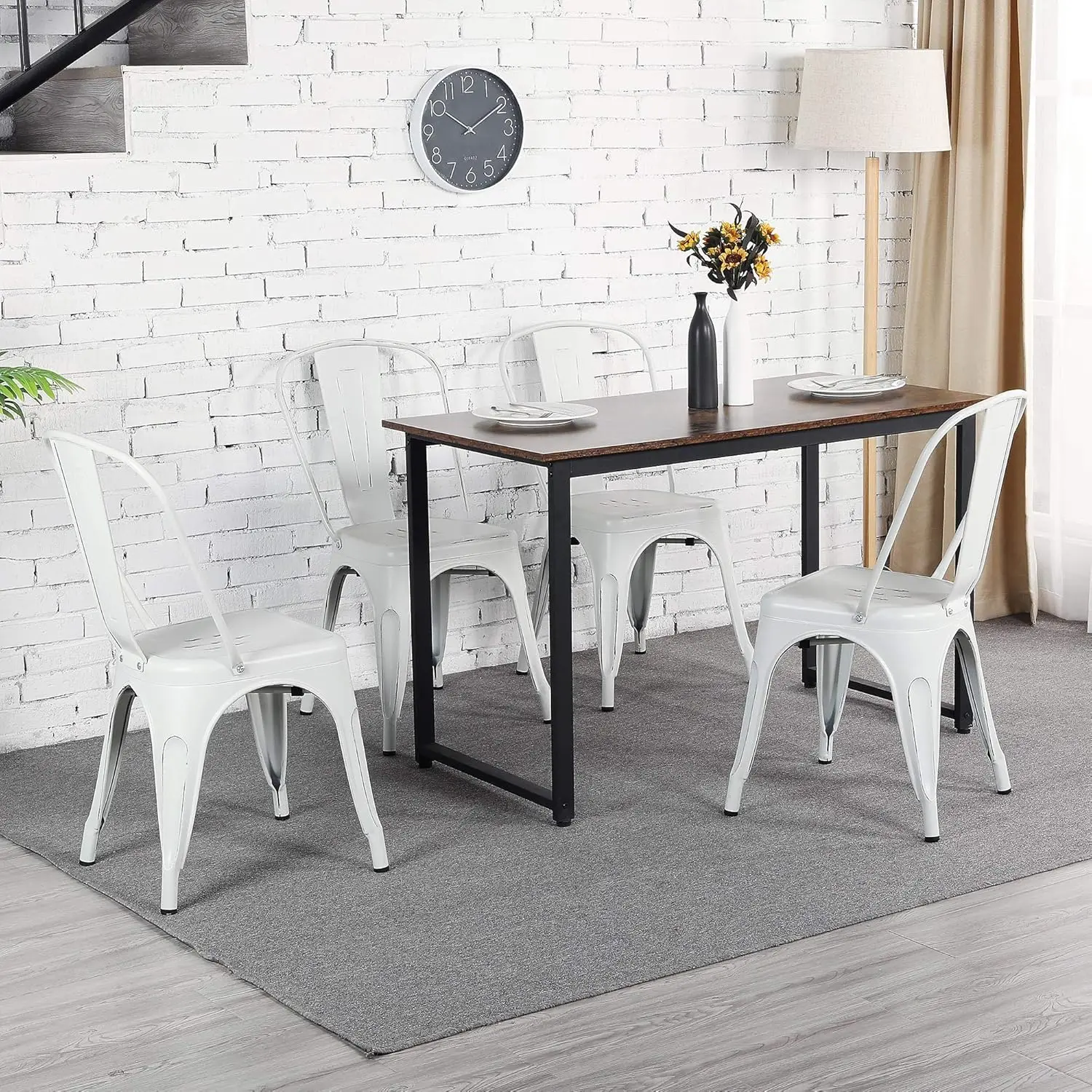 Metal Kitchen Dining Chairs Indoor-Outdoor Distressed Style Stackable Side Coffee Chairs in Distressed White, Set of 4