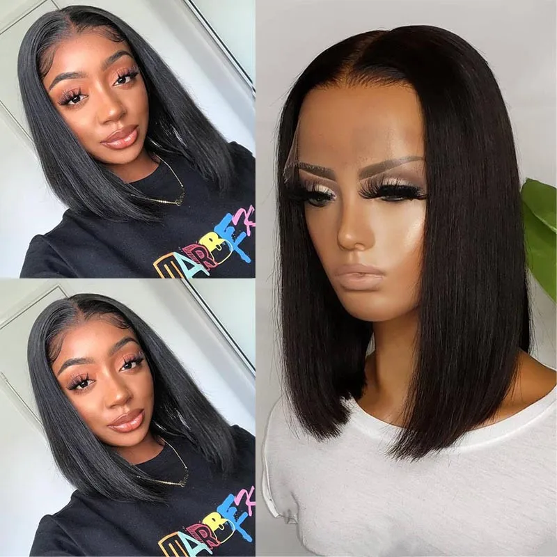 

Sleek Straight Bob Lace Front Wig, 14 Inch Black Synthetic Hairpiece with Natural Hairline for Women
