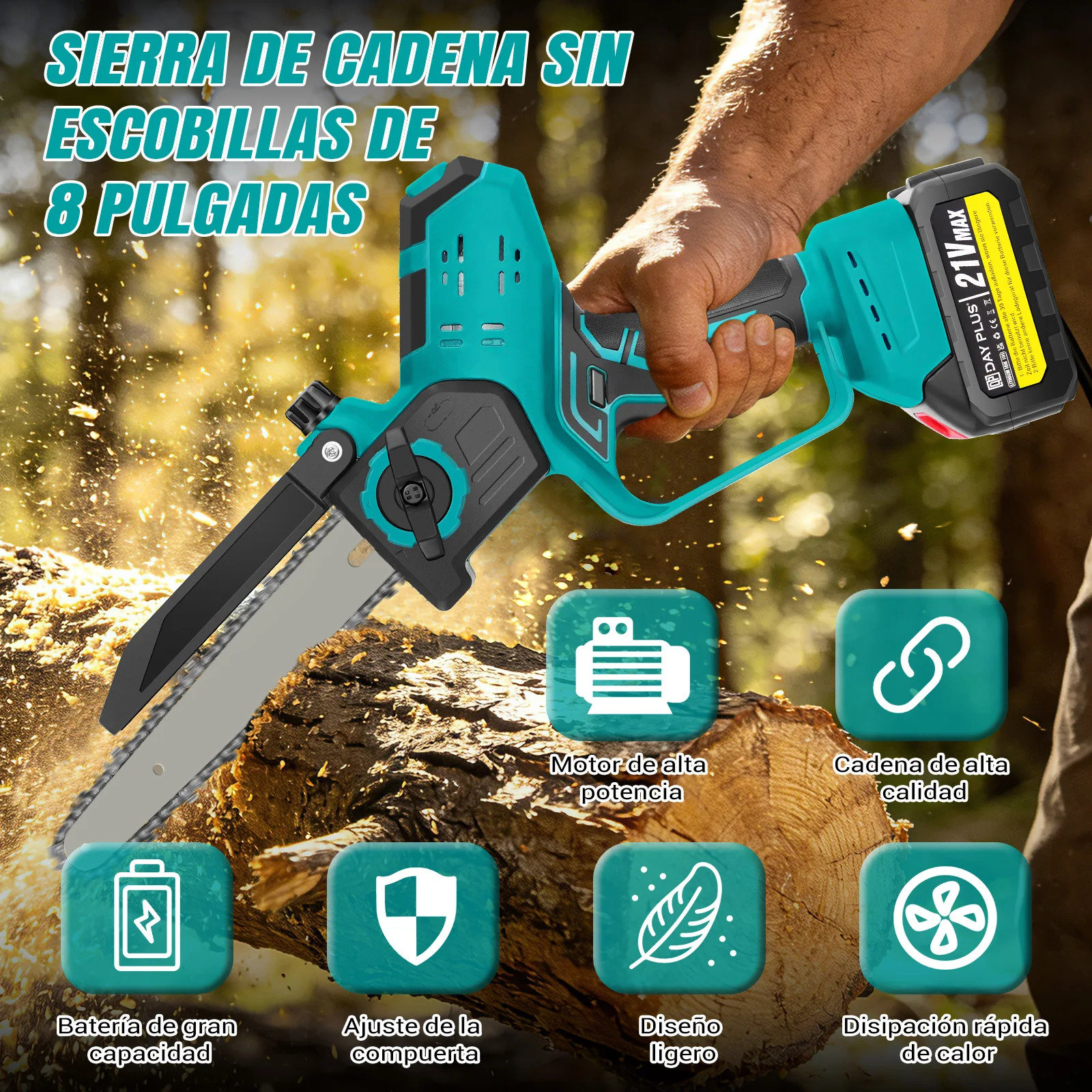 Motosierra inalámbrica sin escobillas de 8 pulgadas, motosierra eléctrica portátil de 21 V con 1/2 paquete de baterías, para podar árboles y cortar madera en el jardín