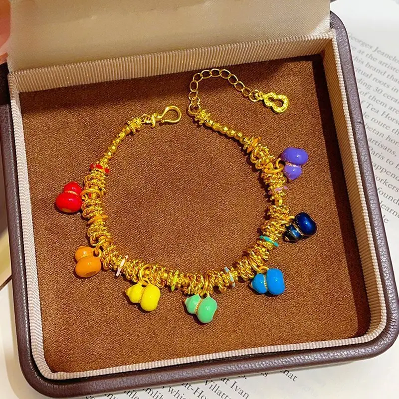 Gold Plated Enamel Lucky Gourds and Sparkling Beads Bracelet with Multicolor Fortune Charms for Women Elegant Protective Gift