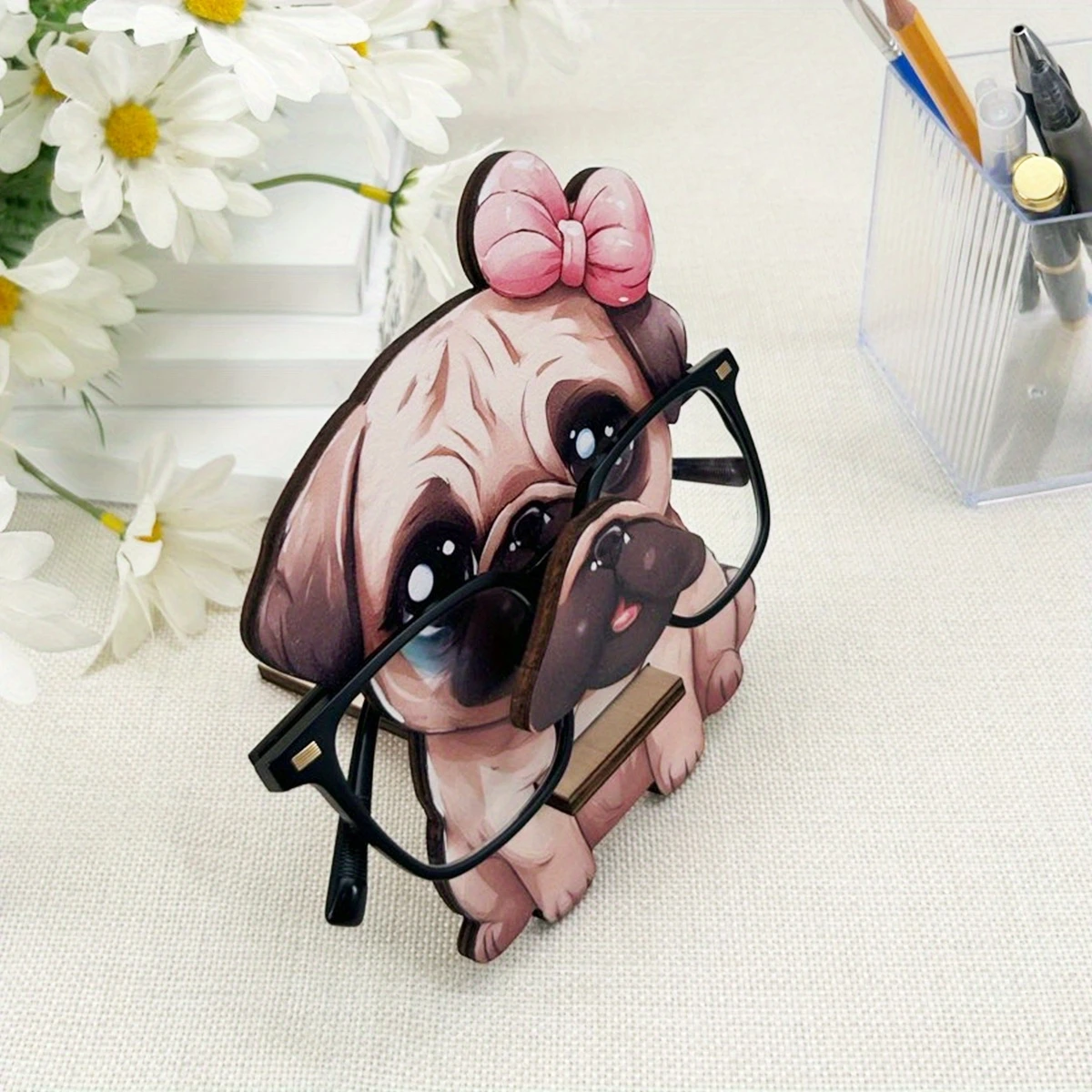 2D Cute Bulldog Cartoon Dog Wooden Eyeglass Holder Desktop Stand Student Desk Decoration Gifts for Dog Lovers