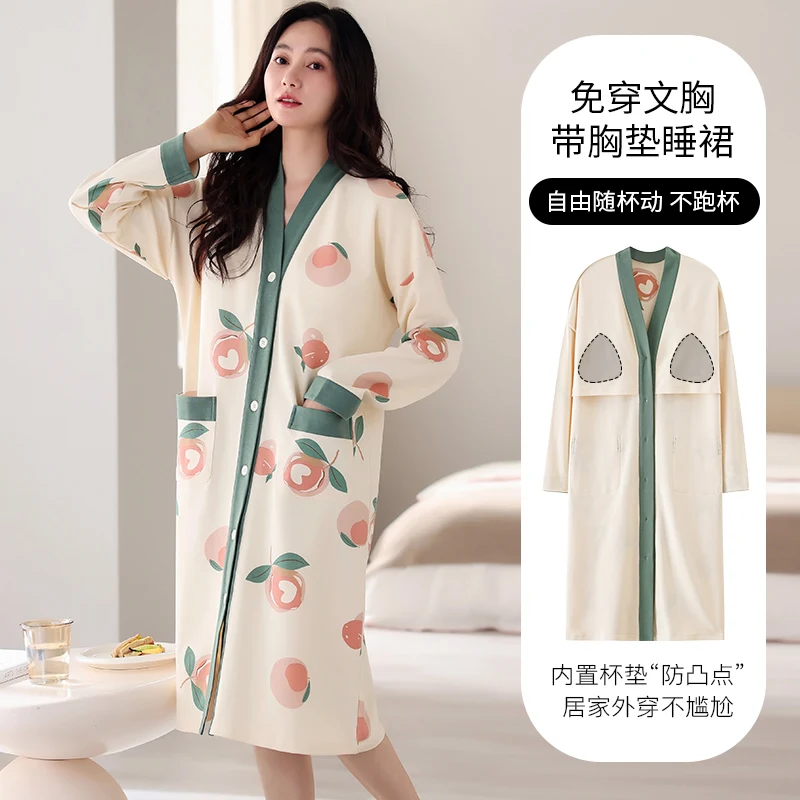 Big Size M-5XL Spring and Autumn Women Nightdress With Chest Pad Femme Knited Cotton Nightwear Floral Nightgown