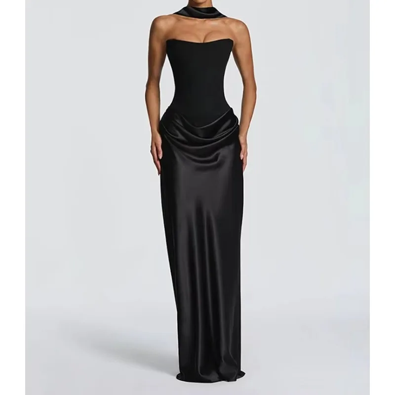 Elegant Off The Shoulder Prom Gowns Fashion Women's Satin Maxi Dress with Scarf Lady Sexy Bodyon Summer Evening Party Dress Long