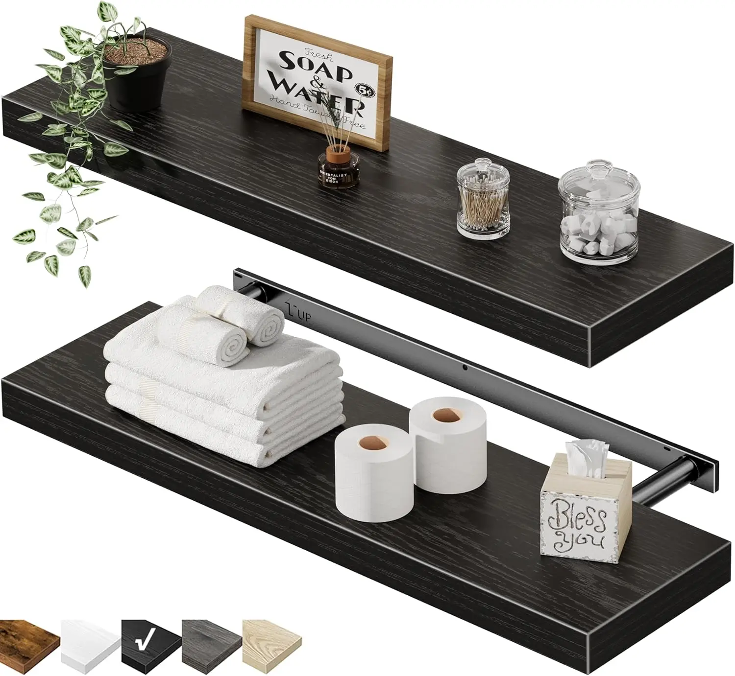 

Набор из 2 плавающих полок, черные - настенные, для ванной, кухни, гостиной, спальни, декора в стиле фермерского дома