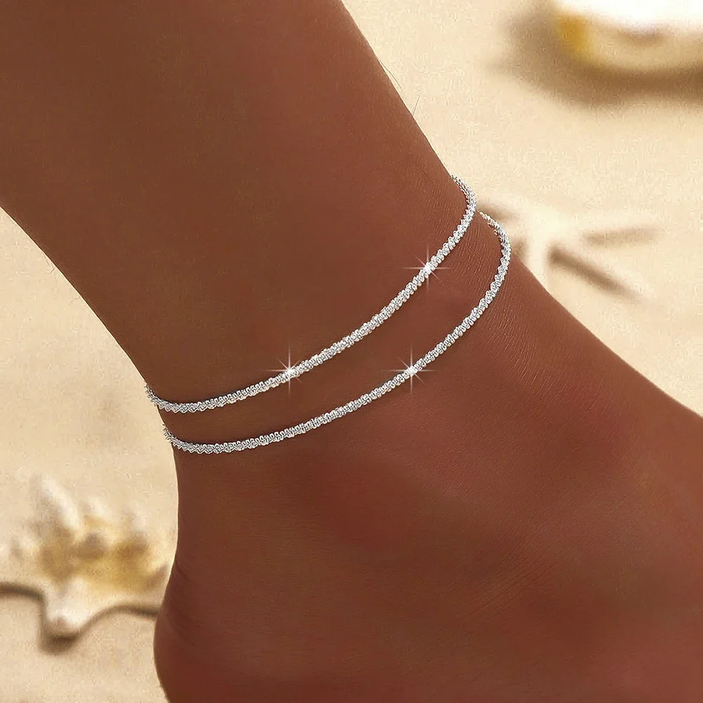 

1/2PCS Shiny Sparkling Simple Silver Color Anklet for Women Simple Elegant Copper Jewelry Female Beach Ankle Bracelet on Foot