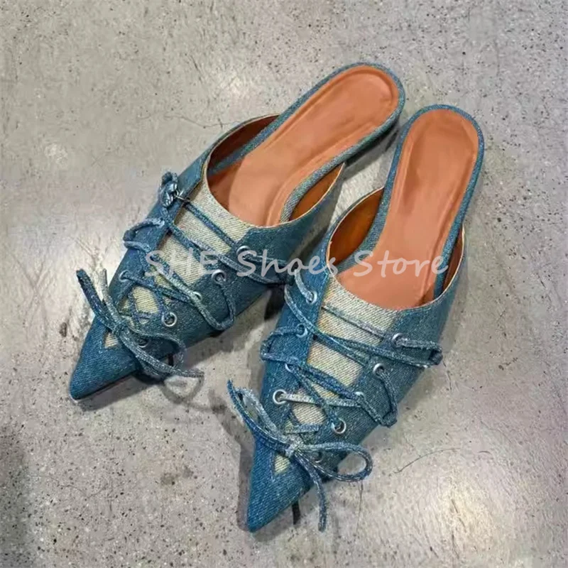 

Blue Denim Pointy Toe Slippers Lace Up Knot Flats Ladies Slip On Mules Design Summer Casual Shoes for Women Outside Luxury Pump