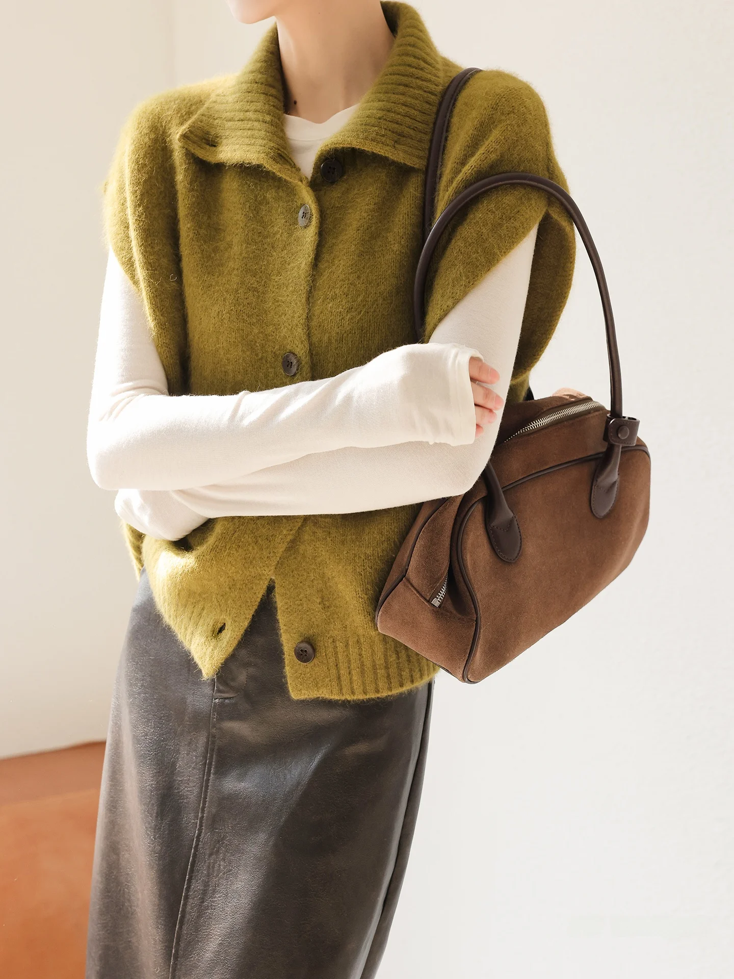 

JWUNIQUE een Wool Blend Knitted Open Cardigan Women's High Collar Svel Vest Layering Top Simple Sle Winter Faion