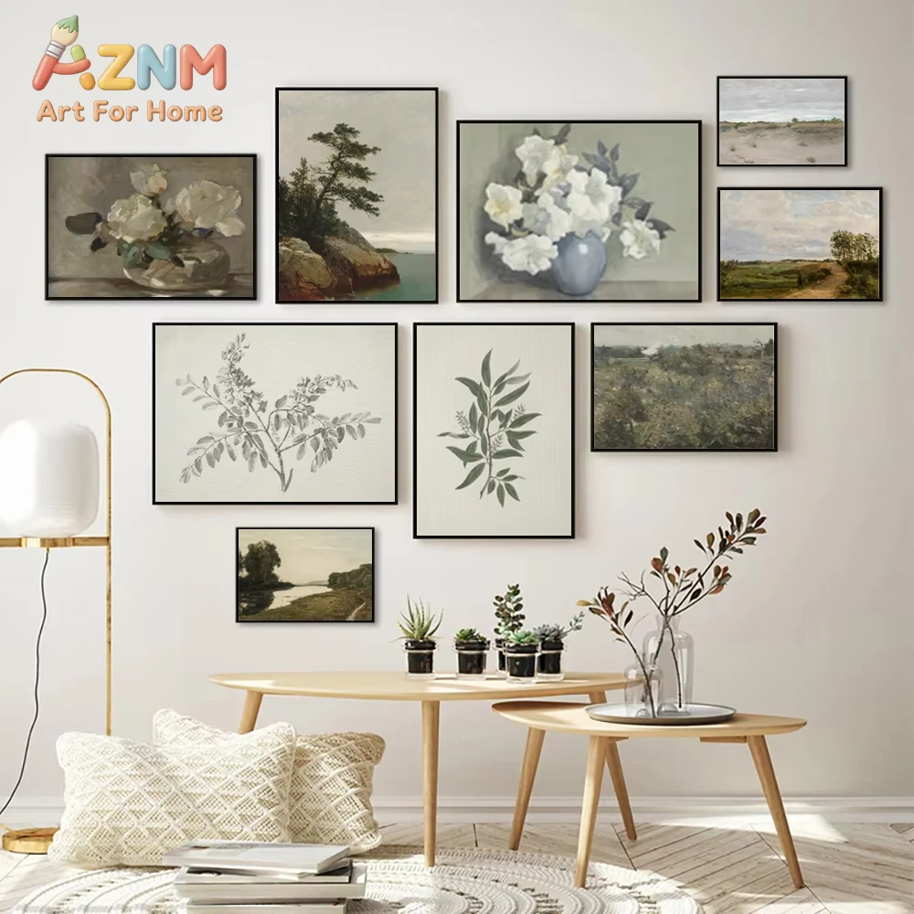Spring Scenery Gallery Wall Art Painting Light Neutral Print Tree Sketch Drawing Country Landscape Canvas Poster Cottage Decor