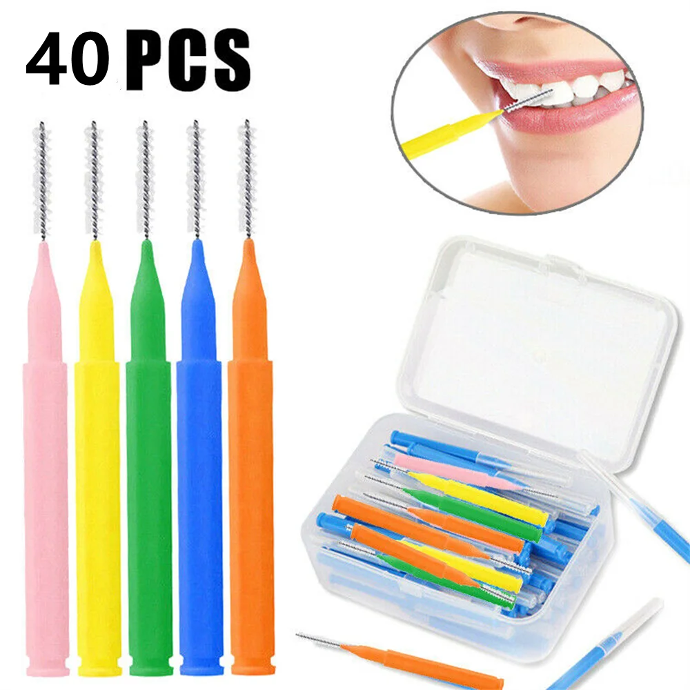 40pcs/Box Interdental Brush Orthodontic Brush Cleaning Teeth Gaps Oral Care Stainless Steel Head Interdental Brush Good For Gums