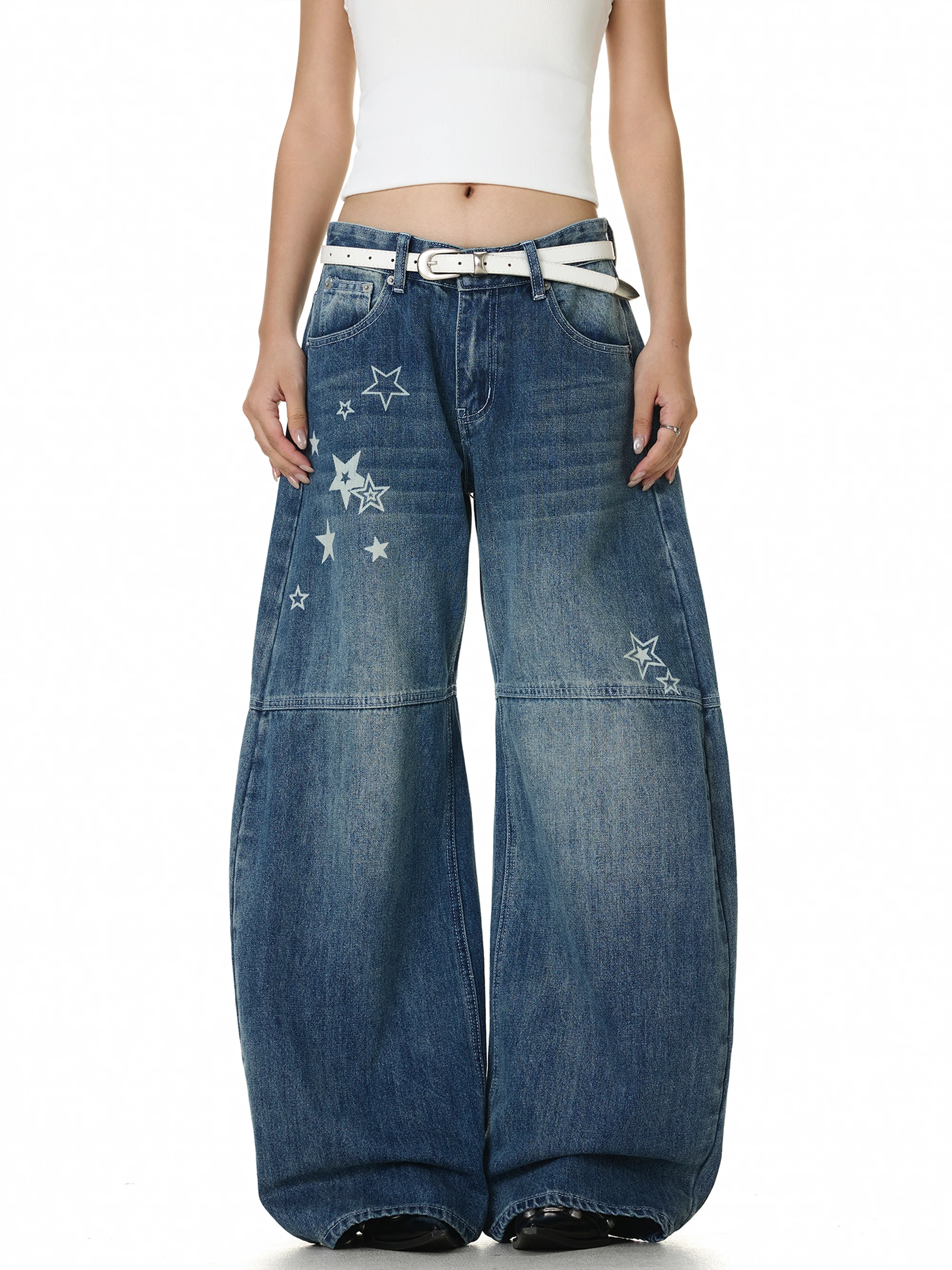 Calça Jeans Retrô Americana com Estampa de Estrelas Lavada, Perna Larga, Unissex, Caimento Solto, Casual, Comprida, em Mistur...