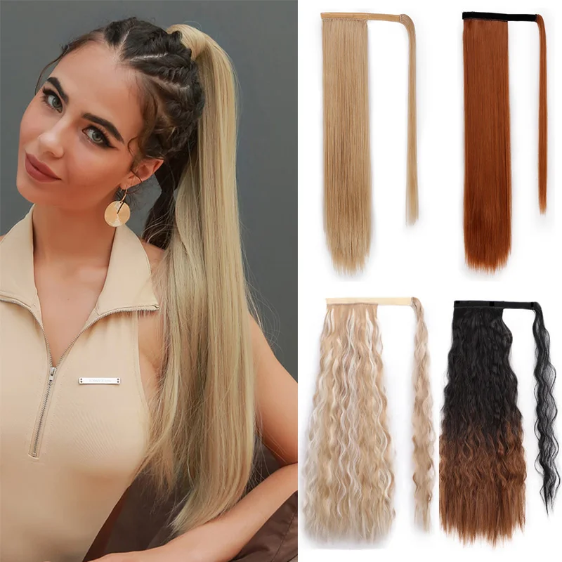 

Long Straight Synthetic Ponytails Hair Extensions for Women 24" Blonde Wrap Around Pony Hairpiece Natural False Hair Horse Tail