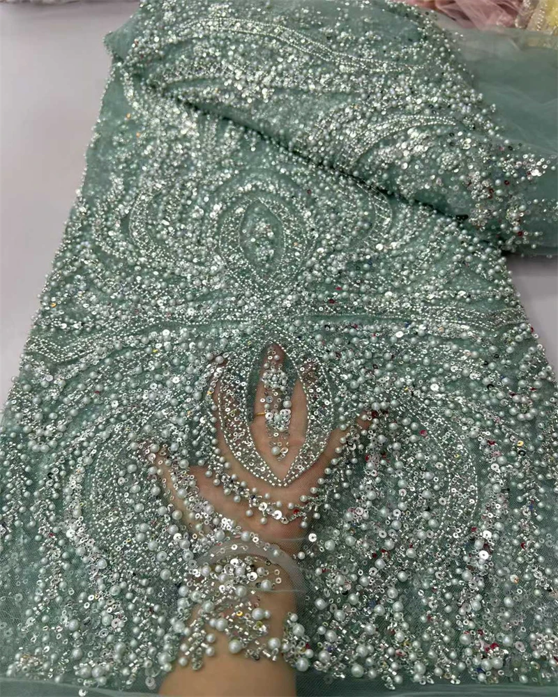 African French Sequin Lace Fabric High Quality Nigerian Groom Embroidery Beaded Dress Material for Party Sewing 5 Yards