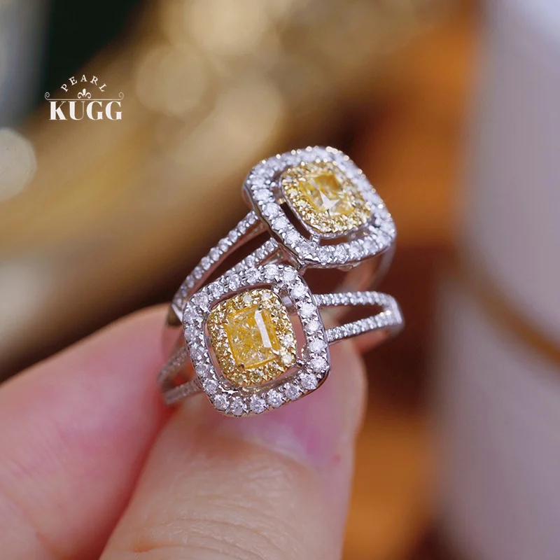 KUGG 100% 18K White Gold Rings Luxury Square Design Real Natural Yellow Diamond Engagement Ring for Women High Wedding Jewelry