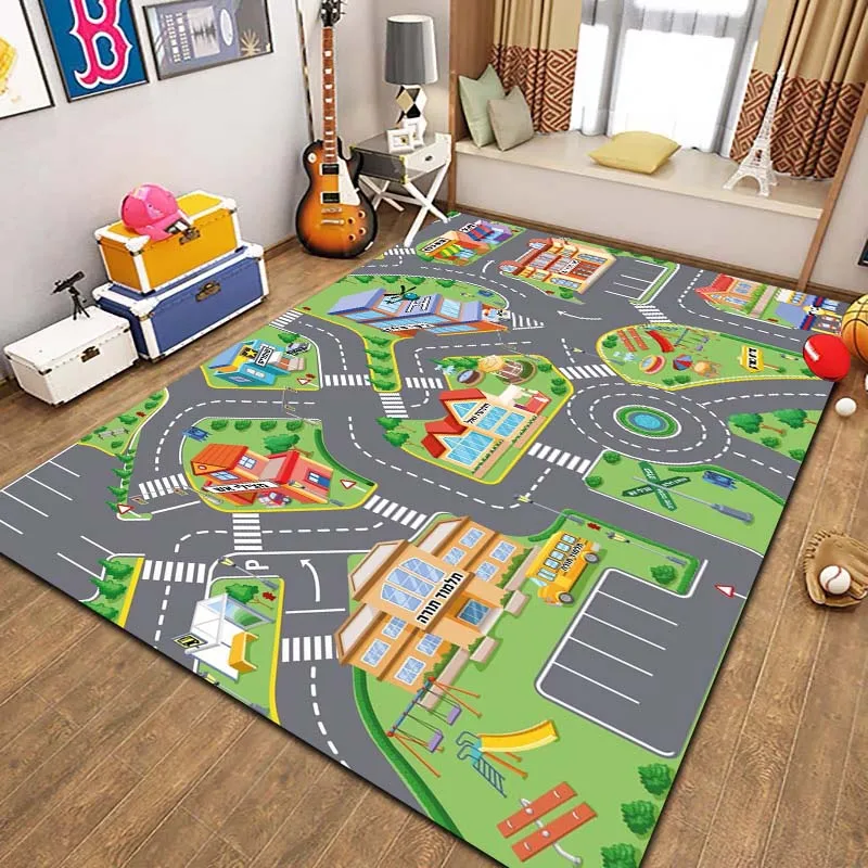 VIKAMA Car Kids City Road Map Print Flannel Area Rug Non-Slip Soft Floor Mat For Toddler Bedroom Playroom Indoor  Decor Gift