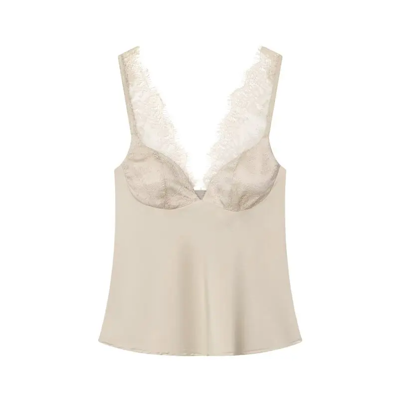 Women's Satin Lace Camisole - Sexy V-Neck Sleeveless Top for Summer, Perfect for Party & Beach Outfits, Comfortable Silky Feel