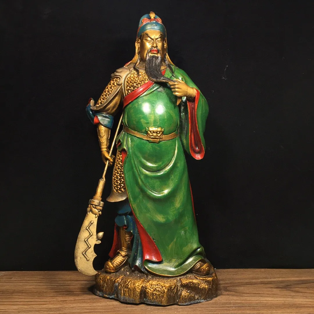 Pure copper old brass painted gold statue Guan Gong Buddha statue Guan Yu Guan Erye Emperor Wushen Buddha Hall ornaments 34cm