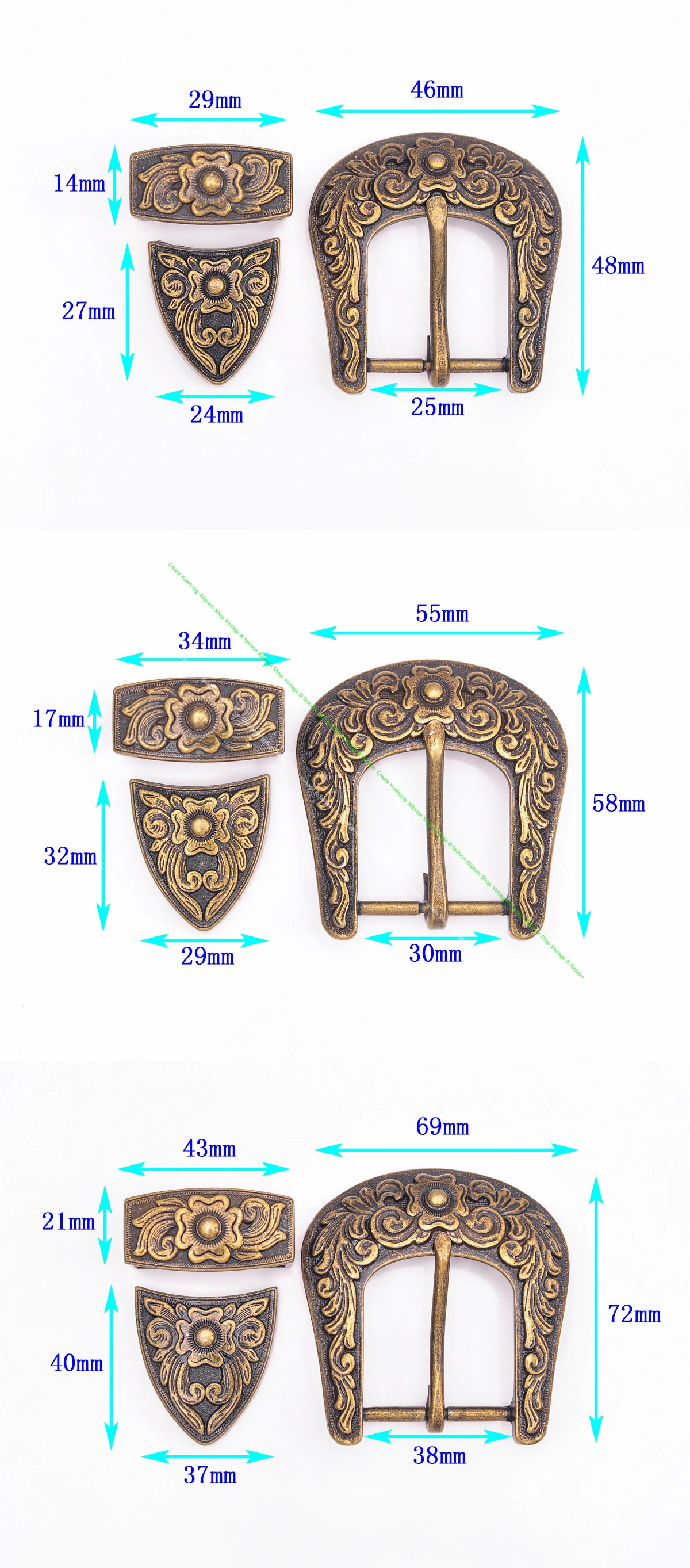 25 30 38Mm bunga kuningan antik diukir Texas barat koboi Ranger Rodeo tips loop 3 buah Set kulit gesper sabuk kerajinan