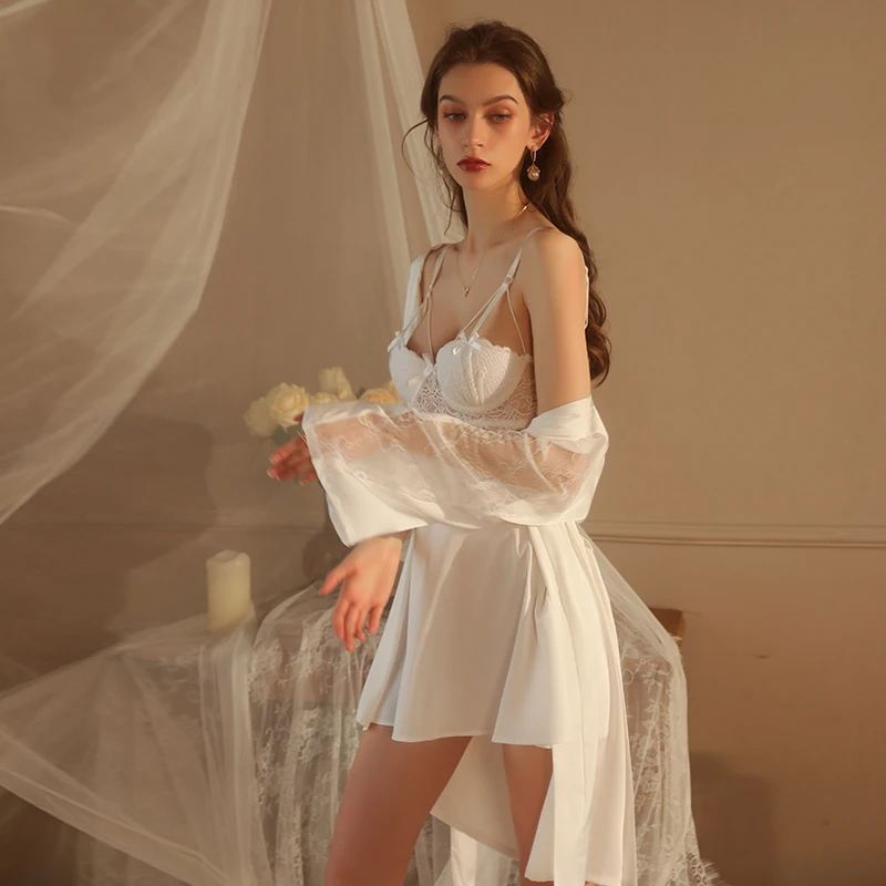 

Sexy Mousse 2023 New Women Sexy Nightgown Wire Gathering Pajamas Lace Perspective Temptation Backless Sling Skirt Homewear Set