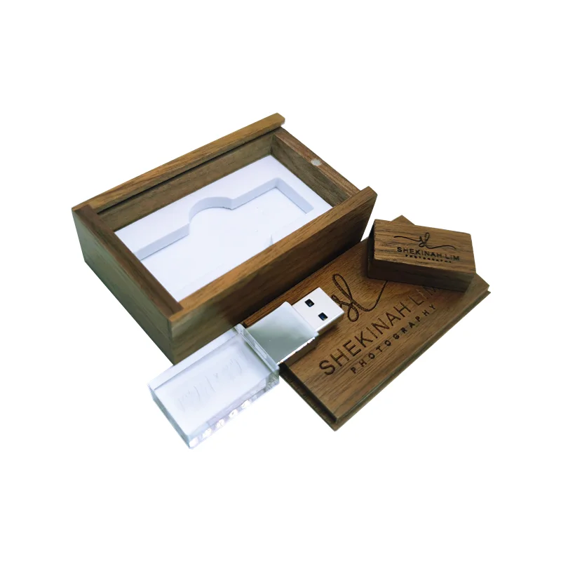 Free Custom Photography LOGO Walnut Metal Crystal USB Flash Drive 4GB 8GB 16GB 32GB 64GB Memory Stick and Walnut Gift Box