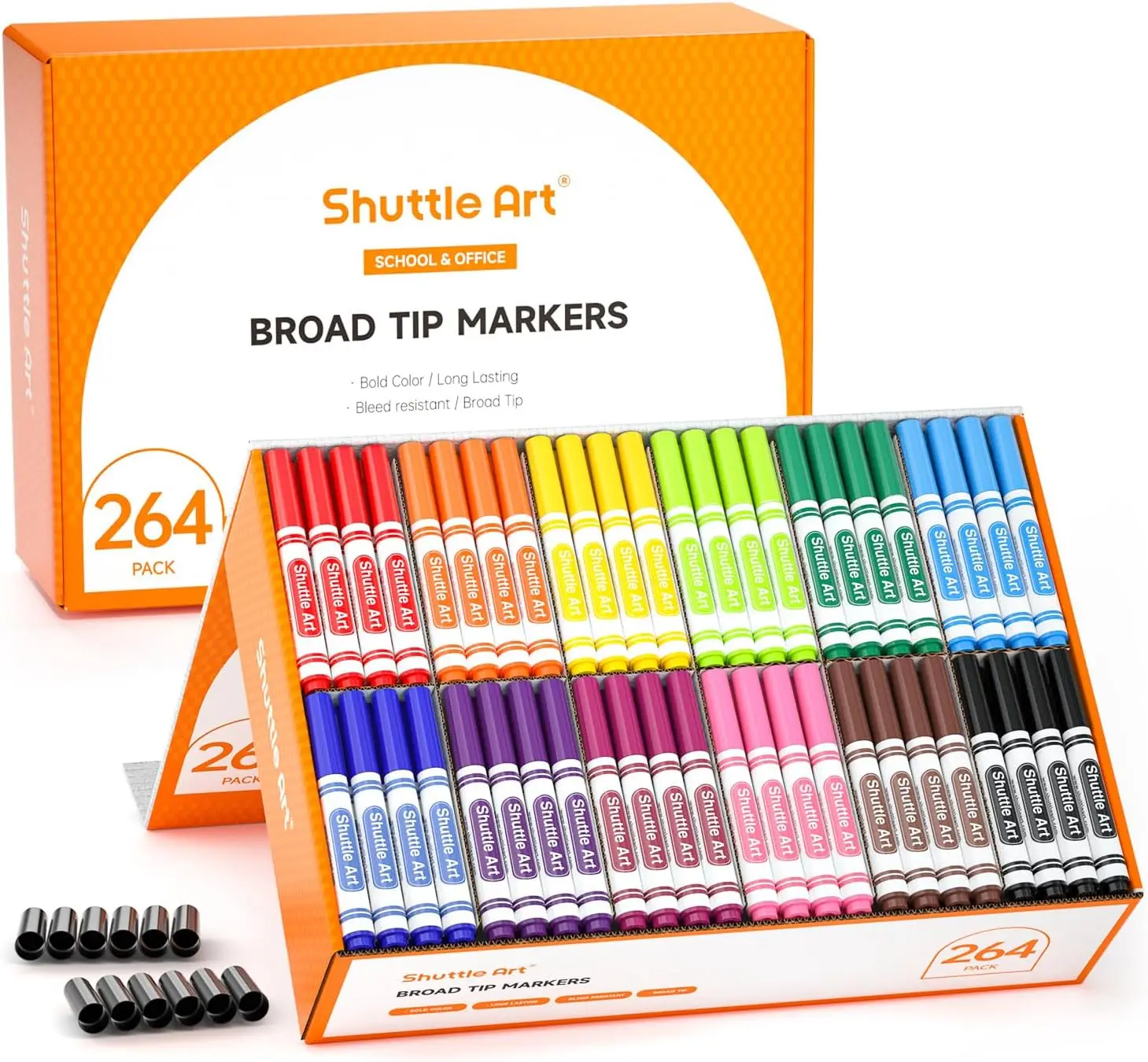 

264 Washable Markers, 12 Colors Broad Tip Bulk Set with Box & Bonus Caps for Kids Adults School Supplies