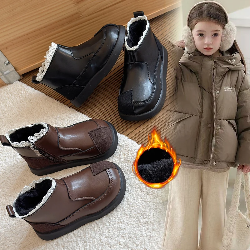 

Girls Fashion Padded Leather Boots 1-18 Years Old Thickened Lace Children's Cotton Shoes Hundred Anti-slip Kids Baby Short Boots