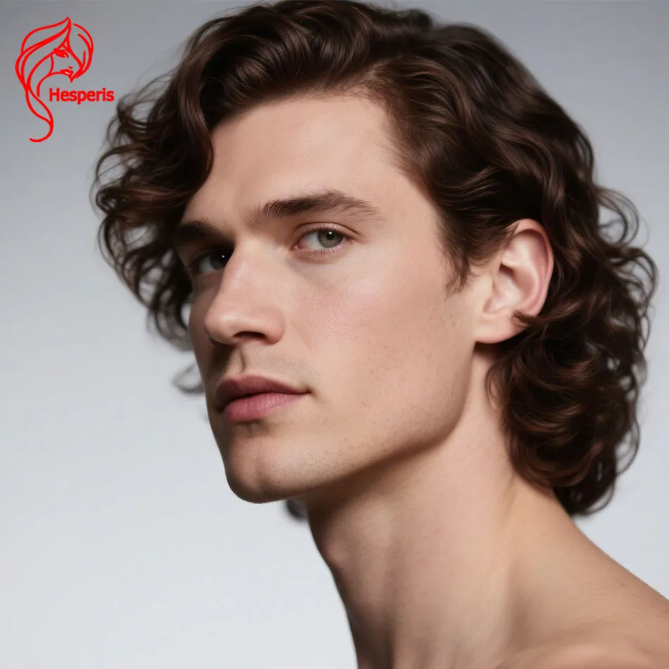 Hesperis #4 Brown 13x6 Lace Front Human Hair Wig For Men Brazilian Remy Bob Cut Human Hair Wig Side Part Curly Wig For Boy