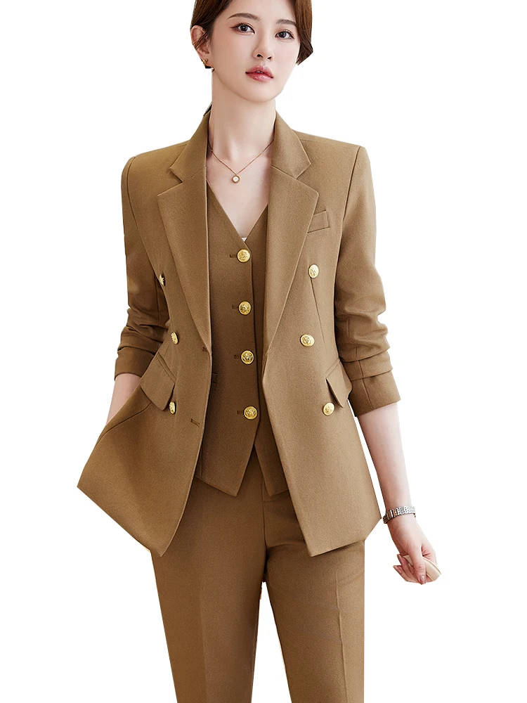 

Women Vest Blazer and Pant Suit Orange Blue Khaki Black Office Ladies Formal Business Work Career Wear 3 Pieces Set