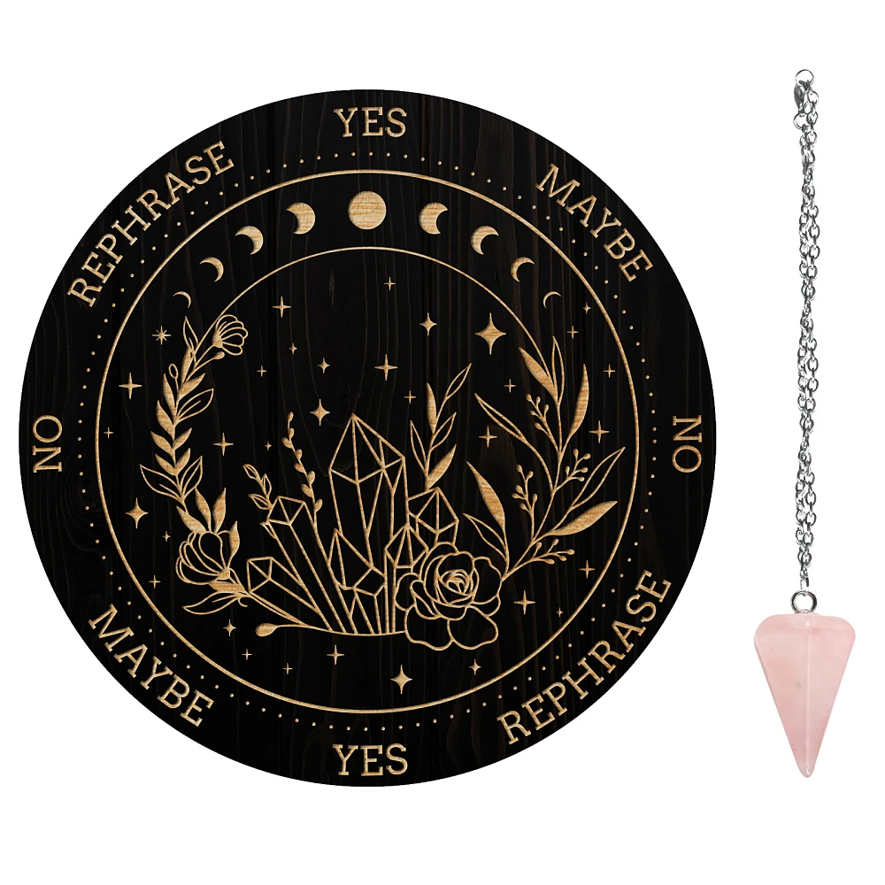 1Pc Wood Pendulum Board 1Pc 304 Stainless Steel Cable Chain Necklaces 1Pc Rose Quartz Stone Pendants for Supplies Flower Pattern