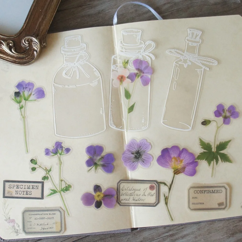 

44pcs Red Yellow Blue Pink Flower Specimen Style Sticker Scrapbooking DIY Gift Packing Label Decoration Tag