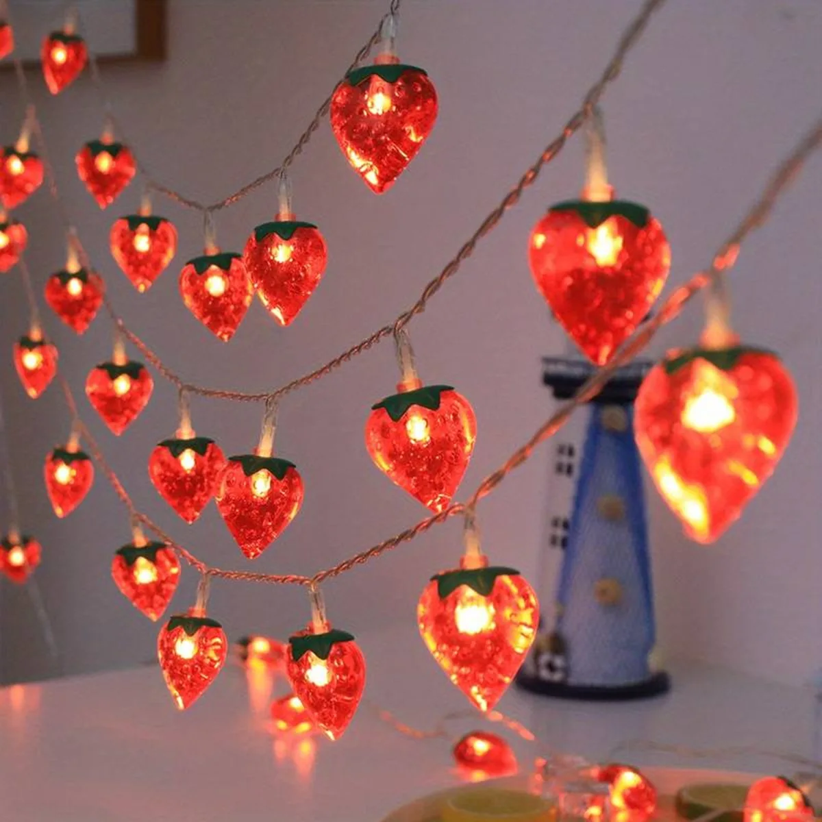 1PC LED Fruit Strawberry Rattan Copper Wire String Lights Battery Operated Fairy Lights For Christmas Wedding Home Party Decor