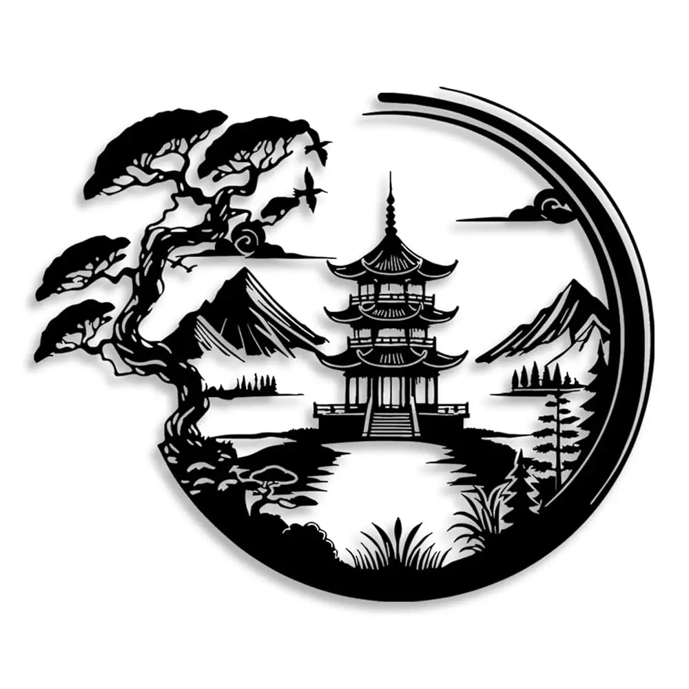 

Металлический настенный декор в японском стиле: Дерево бонсай и ворота Тории - Черное настенное искусство для декора дома, гостиной, спальни