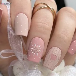 French Style Fake Nails Christmas Theme Press On Nails Snowflake Pink Heart Full Cover Artificial False Nails For Festival Party