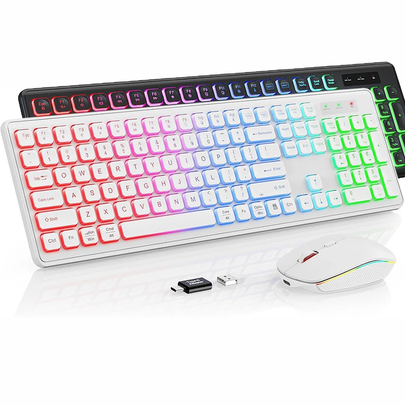 Ergonomic 2.4G Wireless Keyboard Mouse Combo With 6 Color Backlit,Rechargeable 104 Key Full Size Keyboard Set for PC/Laptop