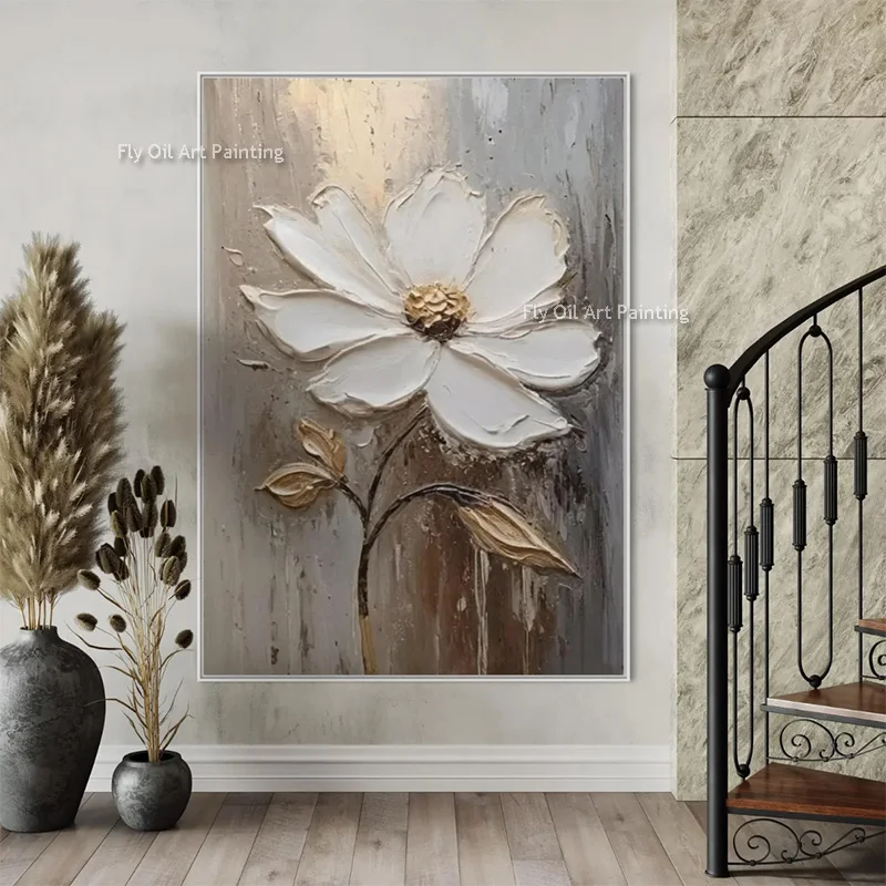 Popular Abstract Black Grey Flower Oil Painting New Design Artwork Handpainted White And Yellow Florals Canvas Wall Art Decor