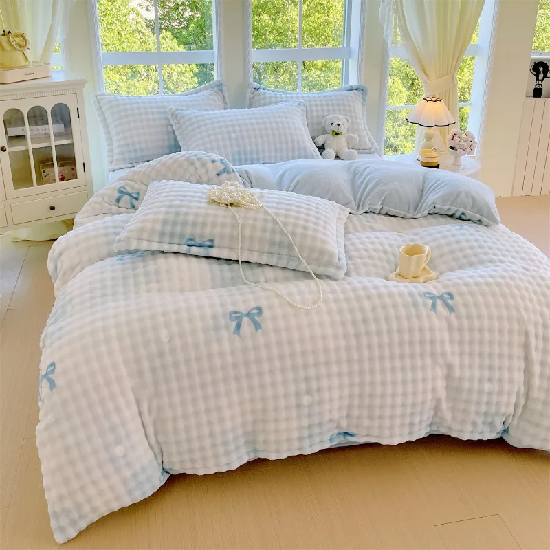 2025 New Printed Class A Rabbit Plush Milk Plush Four-piece Winter Thickened Warm Sheet Student Dormitory Bed Kit