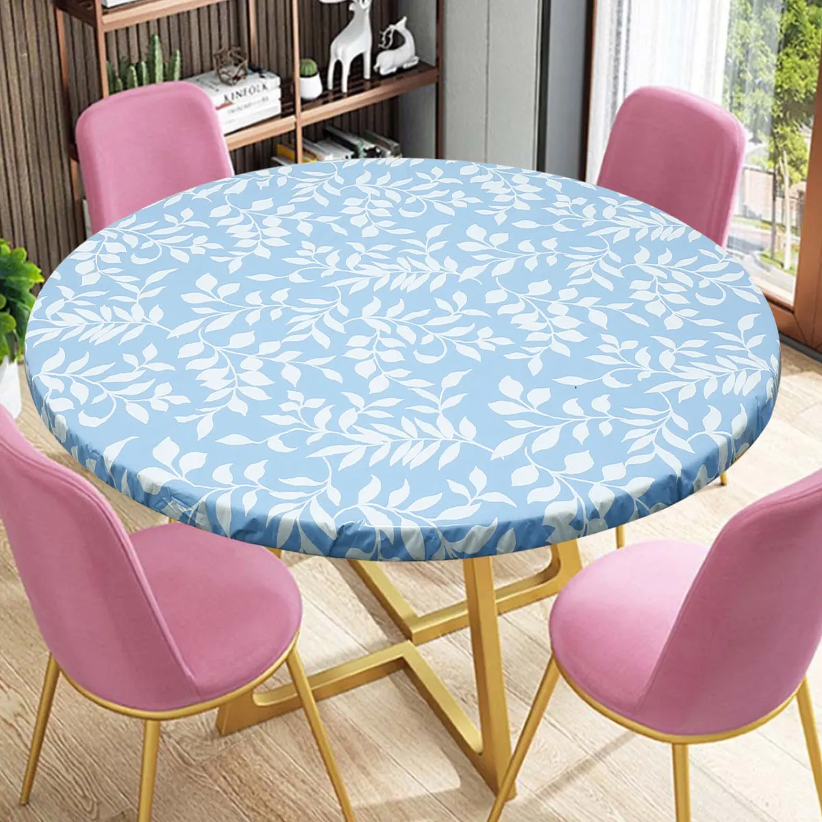 Elastic Edged Vinyl Fitted Tablecloth Round Flannel Backed Table Cover Oil & Waterproof Wipeable Table Cloth Dining table