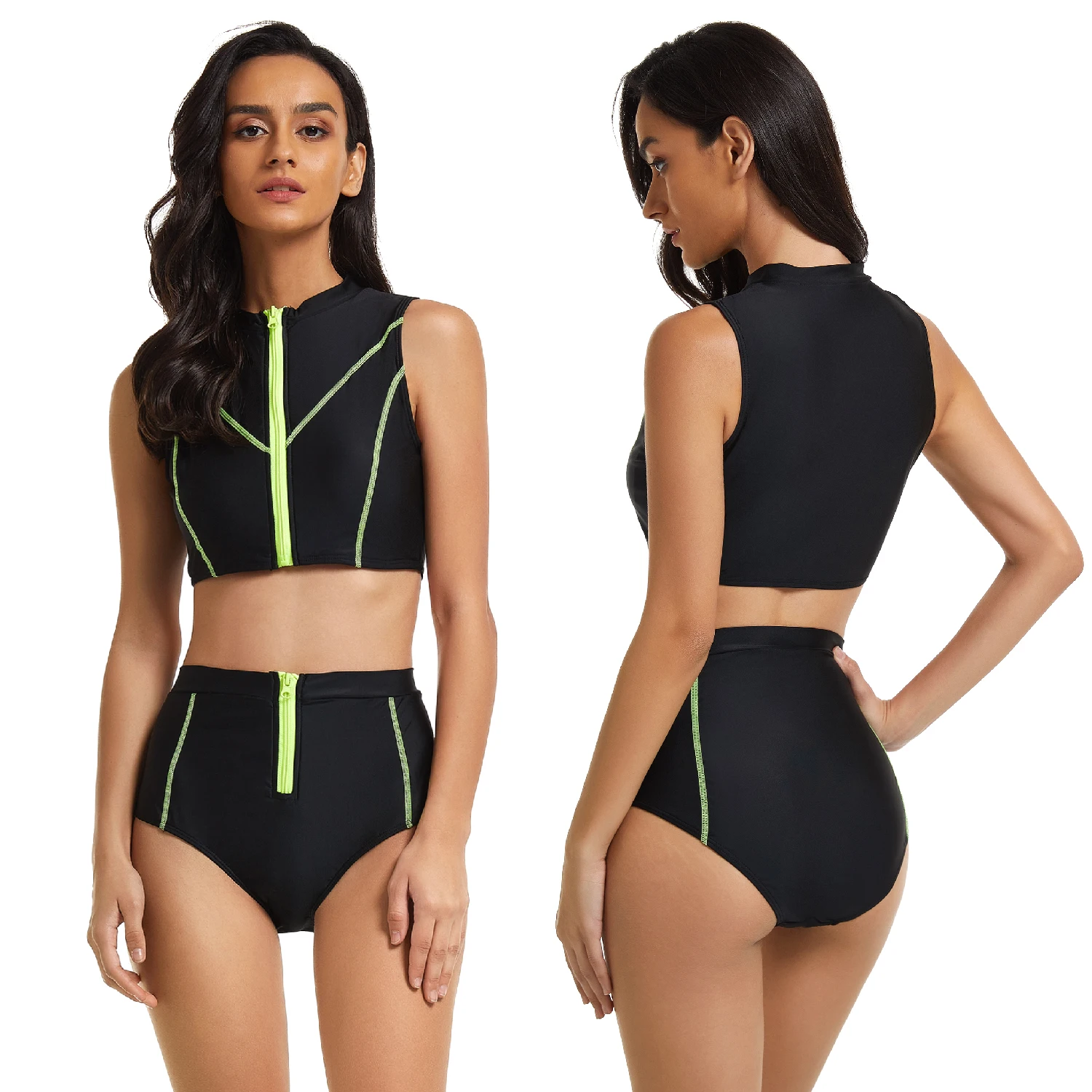 Damskie sportowe Top typu Crop Tank Bikini w stylu Retro sportowe dwuczęściowy strój kąpielowy wysokiej talii strój kąpielowy z przodu Zip stroje