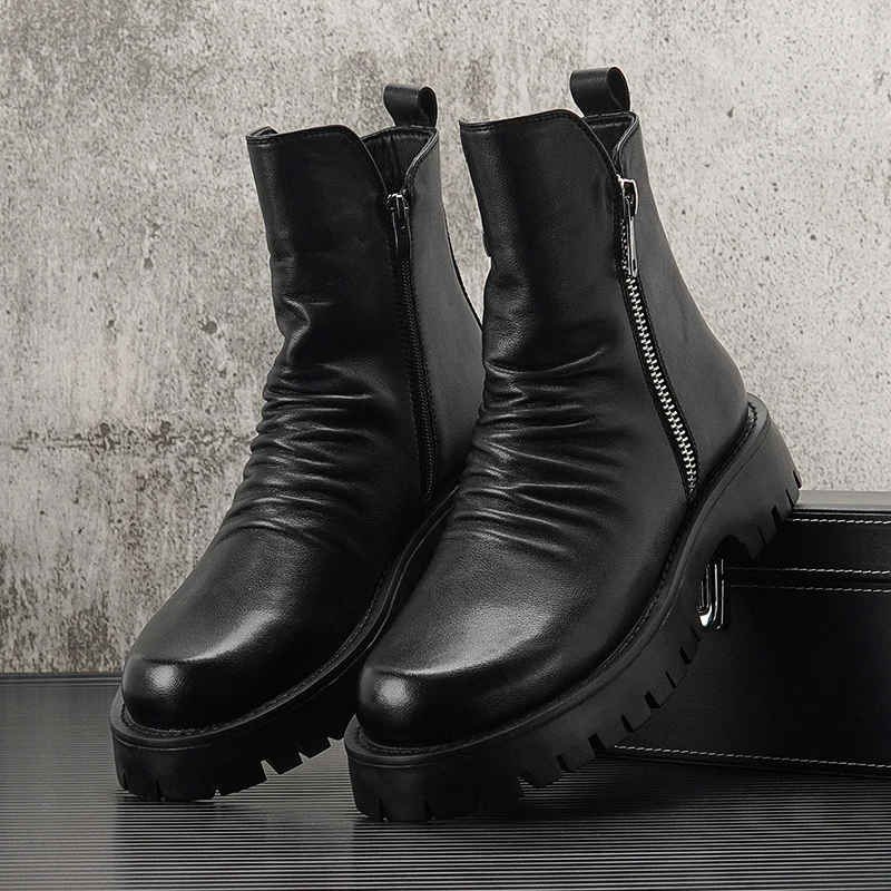 

men fashion stage nightclub high chelsea boots black trend designer shoes cowboy platform boot original leather motorcycle botas