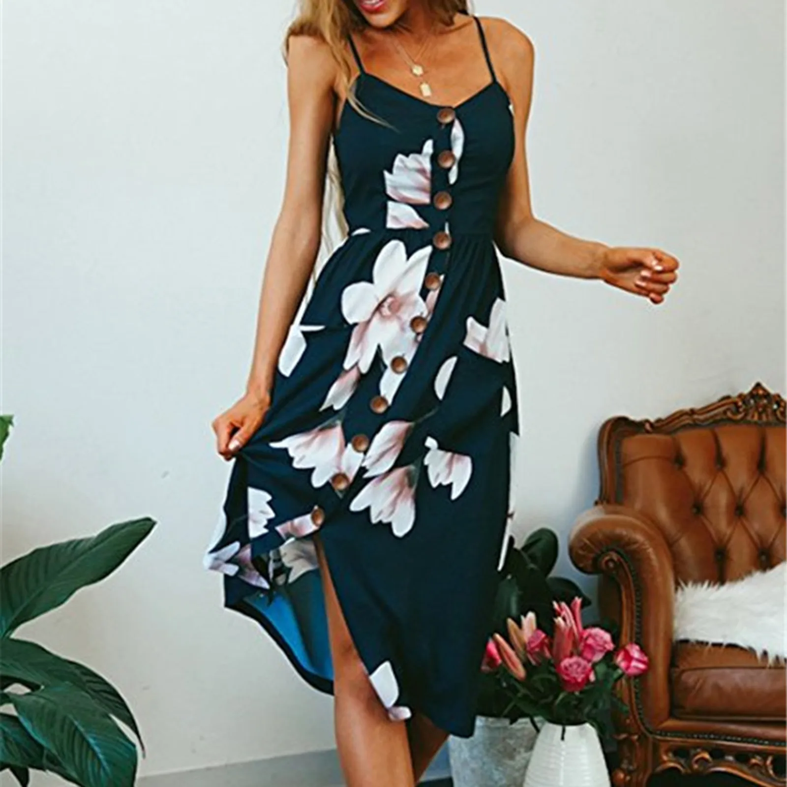 Boho Summer Beach Zonnejurk Voor Vrouwen 2023 Sexy Spaghetti Strap V-hals Button Bloemenprint Casual Midi Jurk Vestidos Robe Femme