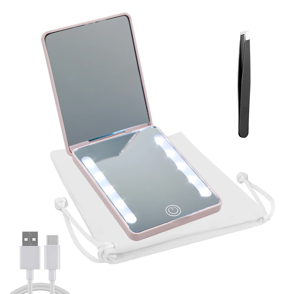 Mini lusterko do makijażu LED z kieszonkowym formatem, powiększeniem 3x, pęsetą do brwi, 3 trybami oświetlenia i regulacją jasności, przenośne, podręczne.